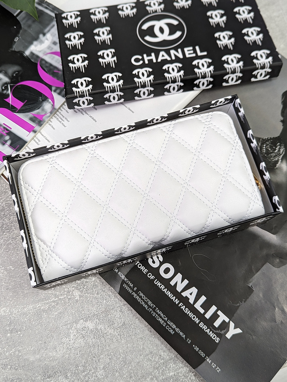 Білий шкіряний гаманець Chanel якості LUX в фірмовій коробці