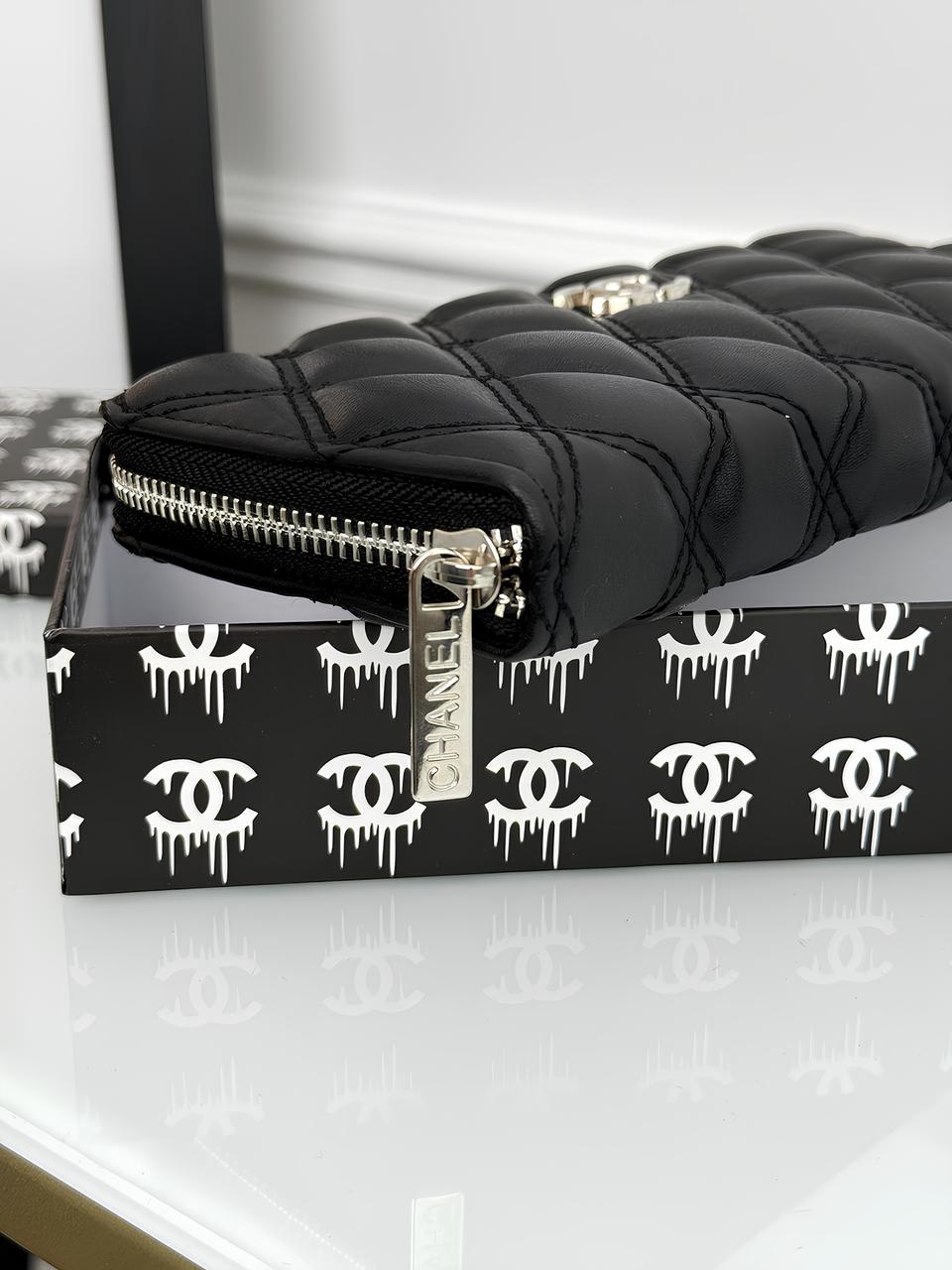 Чорний шкіряний гаманець Chanel якості LUX в фірмовій коробці