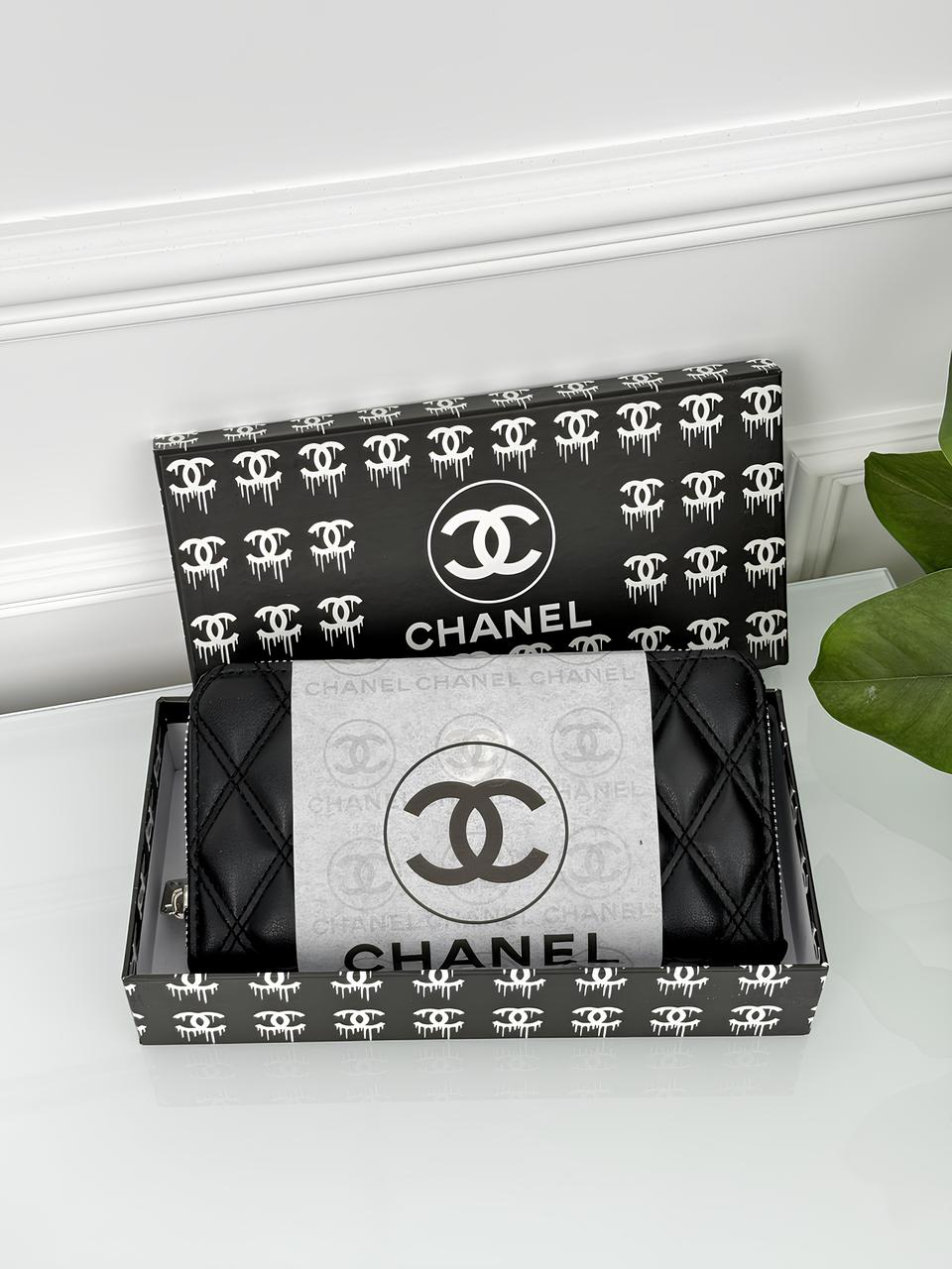 Чорний шкіряний гаманець Chanel якості LUX в фірмовій коробці