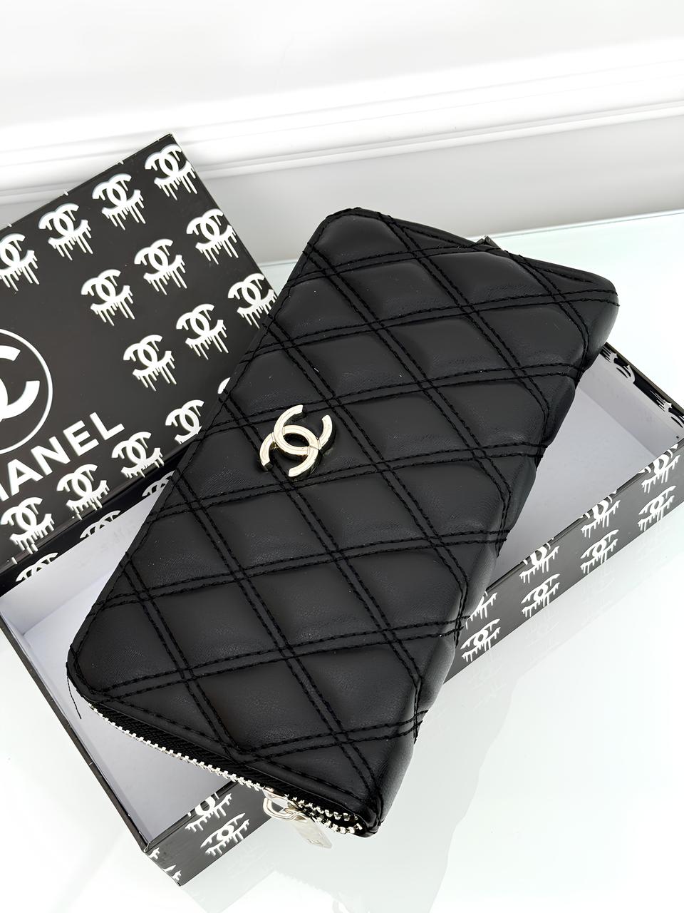 Чорний шкіряний гаманець Chanel якості LUX в фірмовій коробці