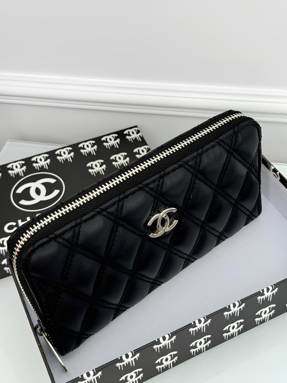 Чорний шкіряний гаманець Chanel якості LUX в фірмовій коробці